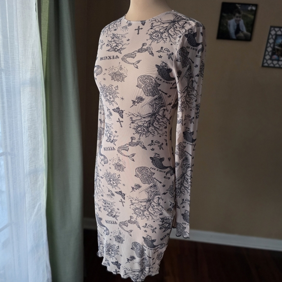 Bear Dance Sheer Tattoo Print Mesh Mini Dress Nude Black Size M - Picture 2 of 7